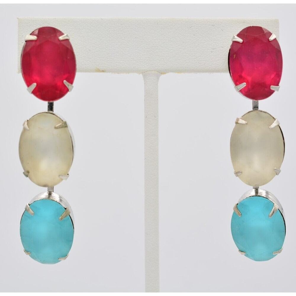 Vintage Frosted Crystal Drop Earrings Dangle Hot Pink White Blue Chunky 80s A19